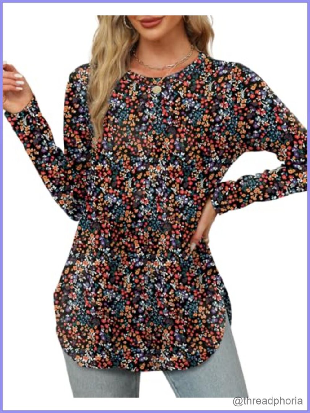 OFEEFAN Long Sleeve Tunic Top Loose Fit Crewneck Floral Print